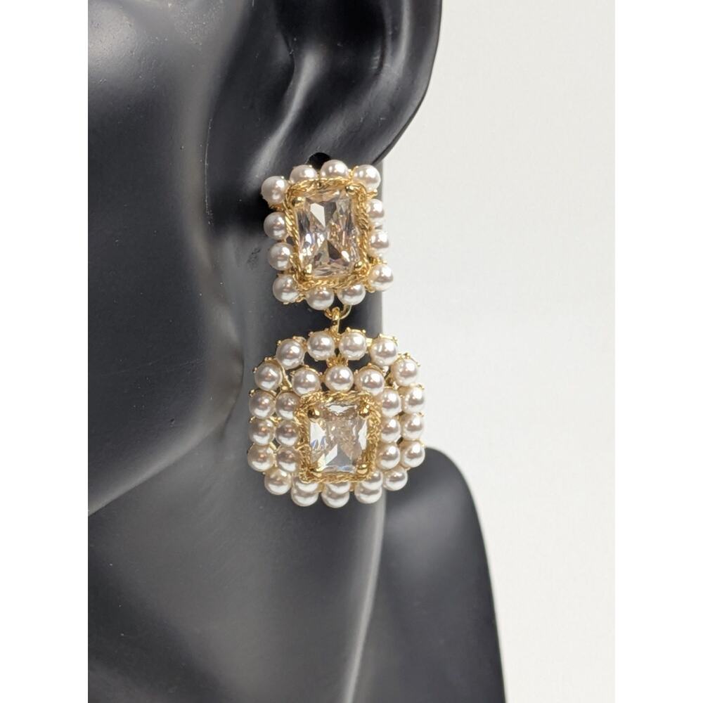 Faux Pearl Crystal Dangle Drop Earring Gold Tone Statement Bridal Wedding Chunky